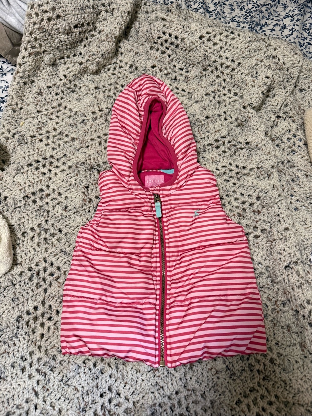 Joules Pink Striped Hooded Kids Puffer Vest 18-24m